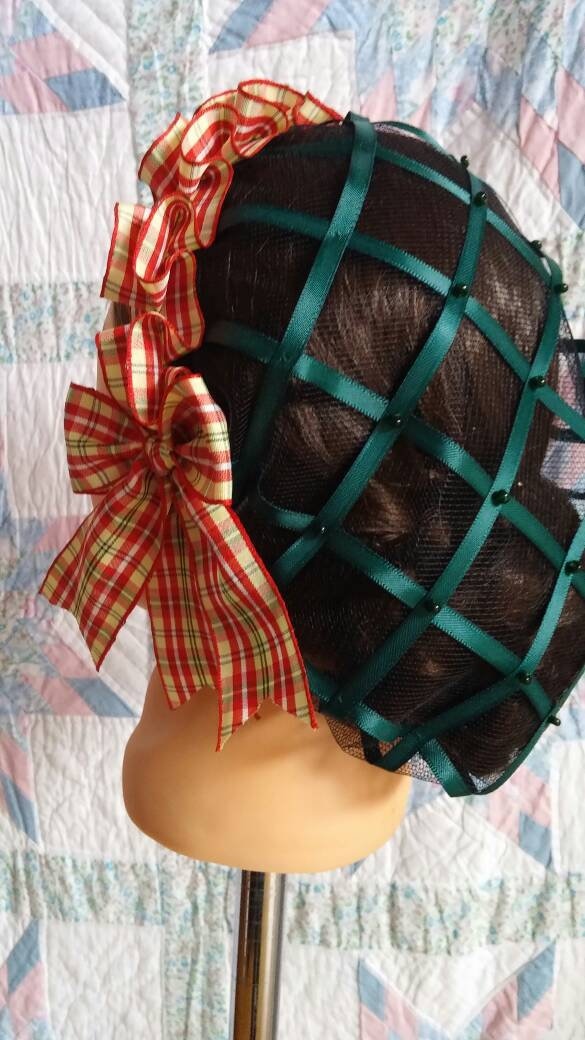 Red, Yellow and Green Plaid Coronet on choice of Green or Cream Satin Ribbon Hairnet