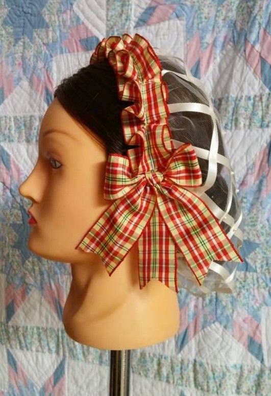 Red, Yellow and Green Plaid Coronet on choice of Green or Cream Satin Ribbon Hairnet
