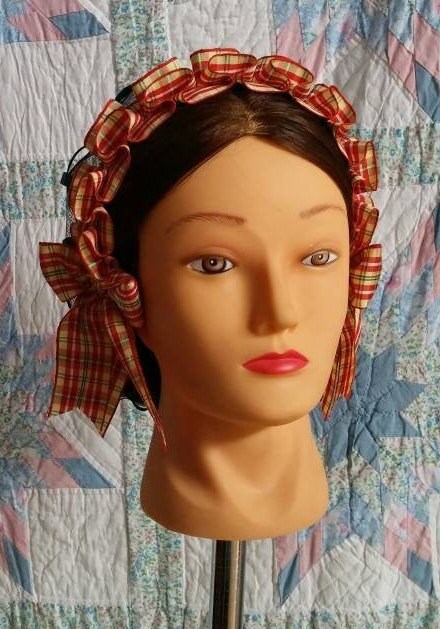 Red, Yellow and Green Plaid Coronet on choice of Green or Cream Satin Ribbon Hairnet