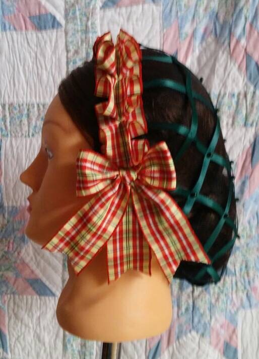 Red, Yellow and Green Plaid Coronet on choice of Green or Cream Satin Ribbon Hairnet