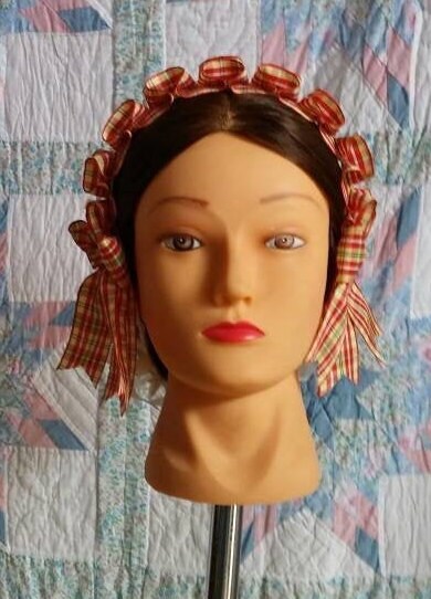 Red, Yellow and Green Plaid Coronet on choice of Green or Cream Satin Ribbon Hairnet
