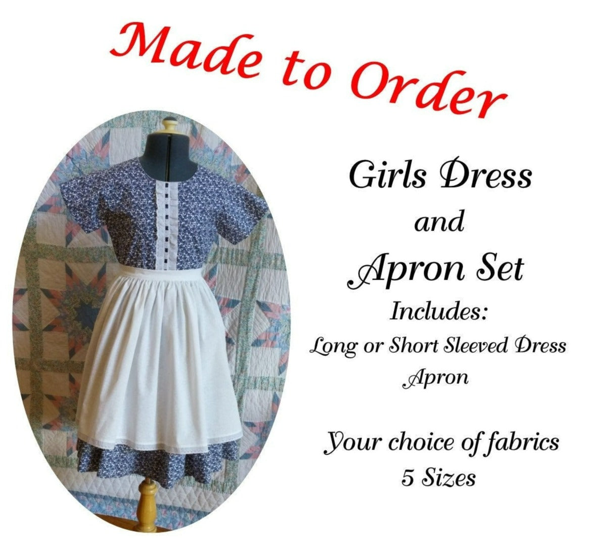 Girl's Dress and Apron Combination - MADE TO ORDER - Victorian, Civil War, Prairie School Days, Old-fashioned, Historical