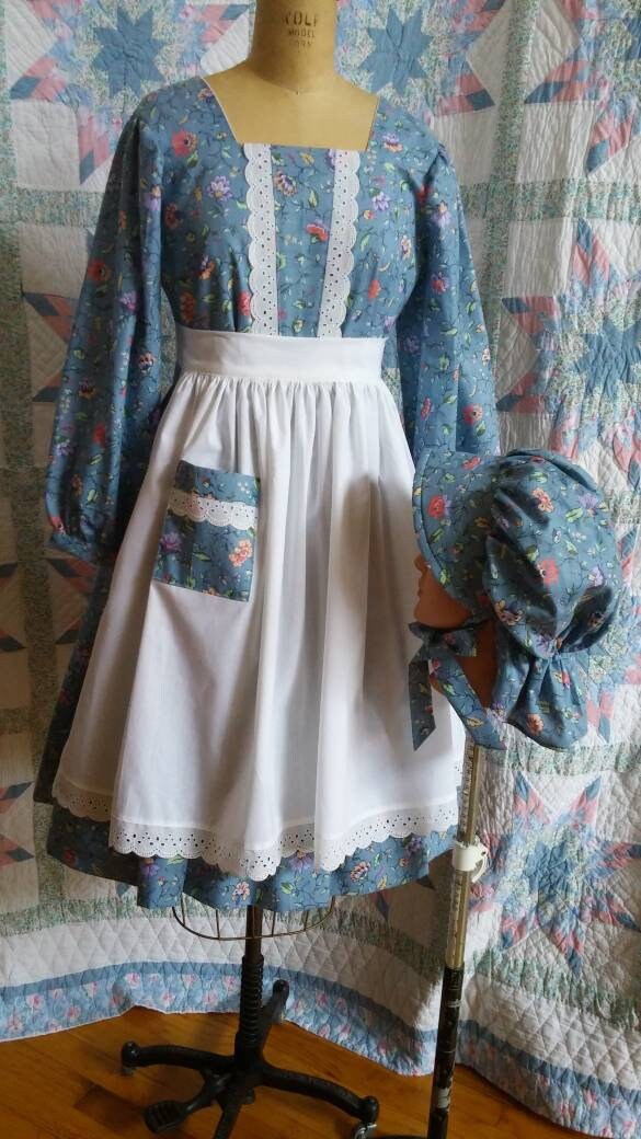 Girl's Long Sleeved Dress, Apron and Bonnet Set - MADE TO ORDER - Victorian, Civil War, Prairie School Days, Old-fashioned, Historical