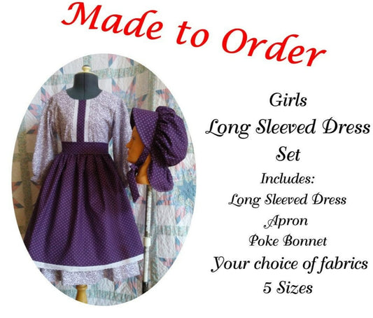 Girl's Long Sleeved Dress, Apron and Bonnet Set - MADE TO ORDER - Victorian, Civil War, Prairie School Days, Old-fashioned, Historical