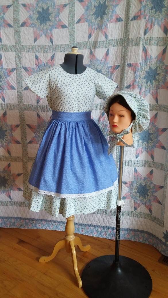Girl's Short Sleeved Dress, Apron and Bonnet Set - MADE TO ORDER - Victorian, Civil War, Prairie School Days, Old-fashioned, Historical