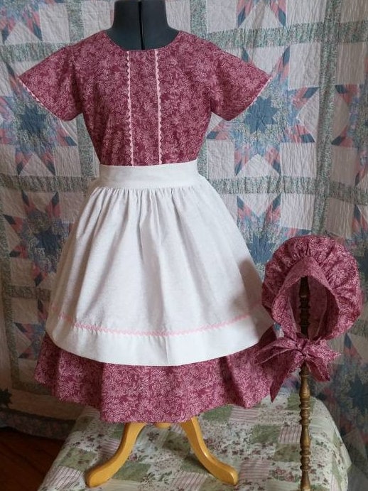 Girl's Short Sleeved Dress, Apron and Bonnet Set - MADE TO ORDER - Victorian, Civil War, Prairie School Days, Old-fashioned, Historical