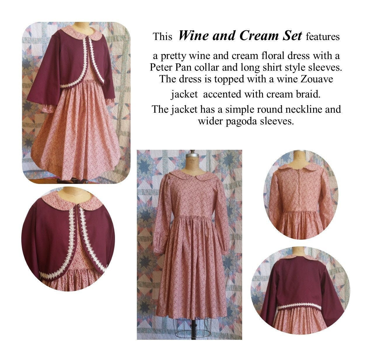 Girls Long Sleeved Dress and Zouave Jacket Set - MADE TO ORDER - Victorian, Civil War, Prairie School Days, Old-fashioned, Historical