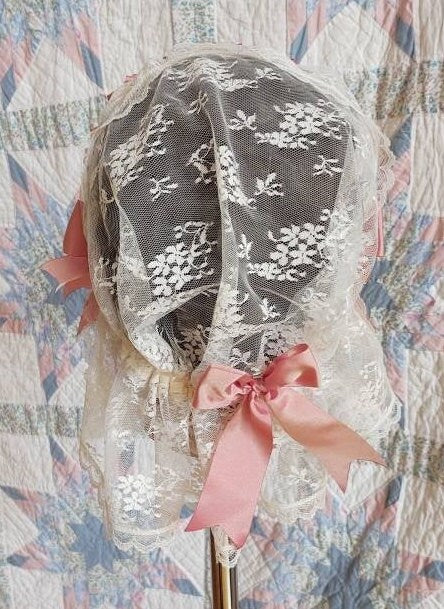 Cream Lace Fanchon Styled Day Cap with Peach Ribbon
