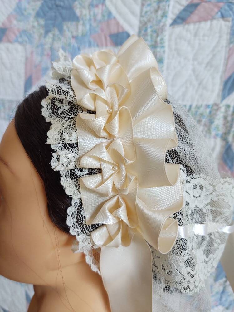 CREAM, CREAM, CREAM! Cream Ribboned Cream Lacy Daycap with lace accented back - Day Cap, Civil War, Historical Headwear
