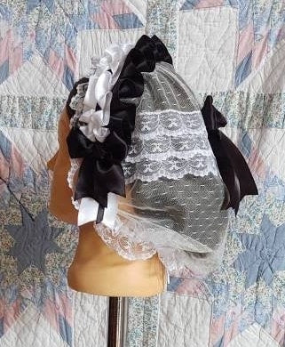 Black and White Ribboned White Lacy Daycap with lace accented back - Day Cap, Civil War, Historical Headwear