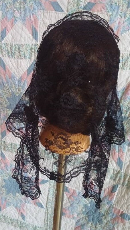 Black Lace Fanchon Styled Day Cap with Lappets - Daycap - Fanchon - Mourning, Historical Headcovering, Breakfast Cap, Civil War, Dickens
