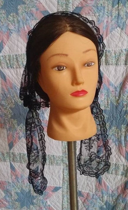 Black Lace Fanchon Styled Day Cap with Lappets - Daycap - Fanchon - Mourning, Historical Headcovering, Breakfast Cap, Civil War, Dickens