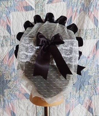 Black and White Ribboned White Lacy Daycap with lace accented back - Day Cap, Civil War, Historical Headwear