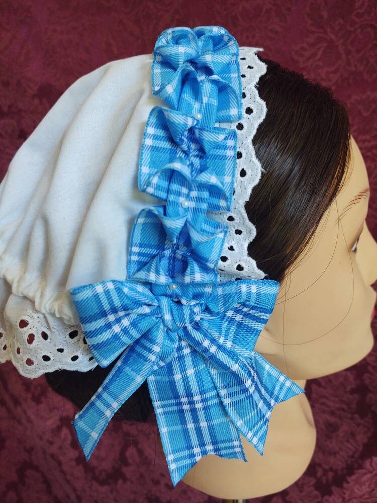 Plaid Ribbon Trimmed White Cotton Day Cap/ Morning Cap - colonial, regency, civil war, Victorian, Historical headwear,