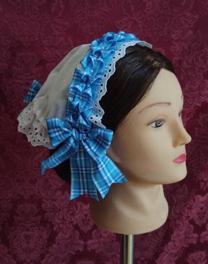 Plaid Ribbon Trimmed White Cotton Day Cap/ Morning Cap - colonial, regency, civil war, Victorian, Historical headwear,
