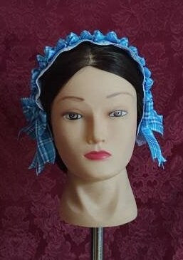 Plaid Ribbon Trimmed White Cotton Day Cap/ Morning Cap - colonial, regency, civil war, Victorian, Historical headwear,
