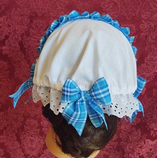 Plaid Ribbon Trimmed White Cotton Day Cap/ Morning Cap - colonial, regency, civil war, Victorian, Historical headwear,