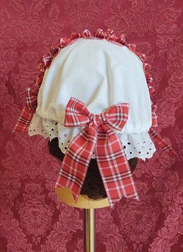 Plaid Ribbon Trimmed White Cotton Day Cap/ Morning Cap - colonial, regency, civil war, Victorian, Historical headwear,