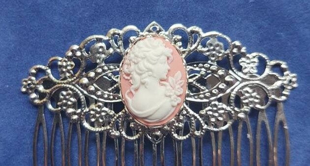 Pink Cameo with Silver Filigree Hair Comb, 19th Century Hair Accessory, Victorian, Prom, Evening, Prom, Bridal