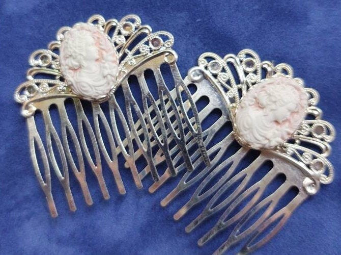 Pair of Pink Cameo on Silver Filigree Hair Combs, 19th Century Hair Accessory, Victorian, Prom, Evening, Prom, Bridal