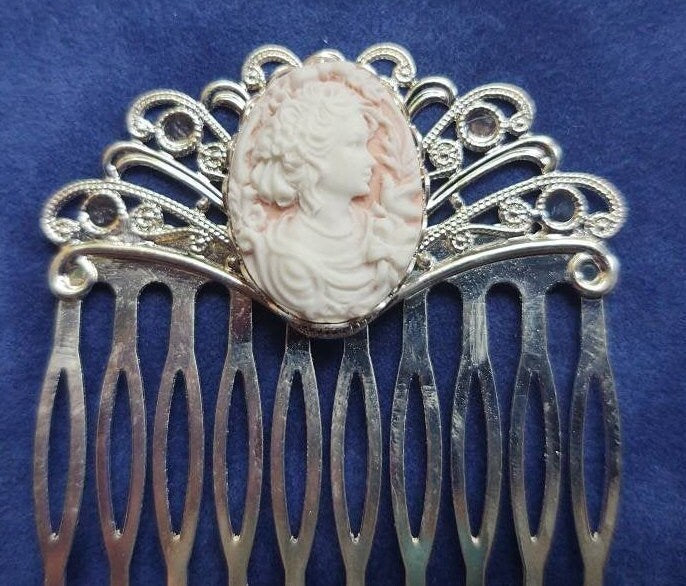 Pair of Pink Cameo on Silver Filigree Hair Combs, 19th Century Hair Accessory, Victorian, Prom, Evening, Prom, Bridal