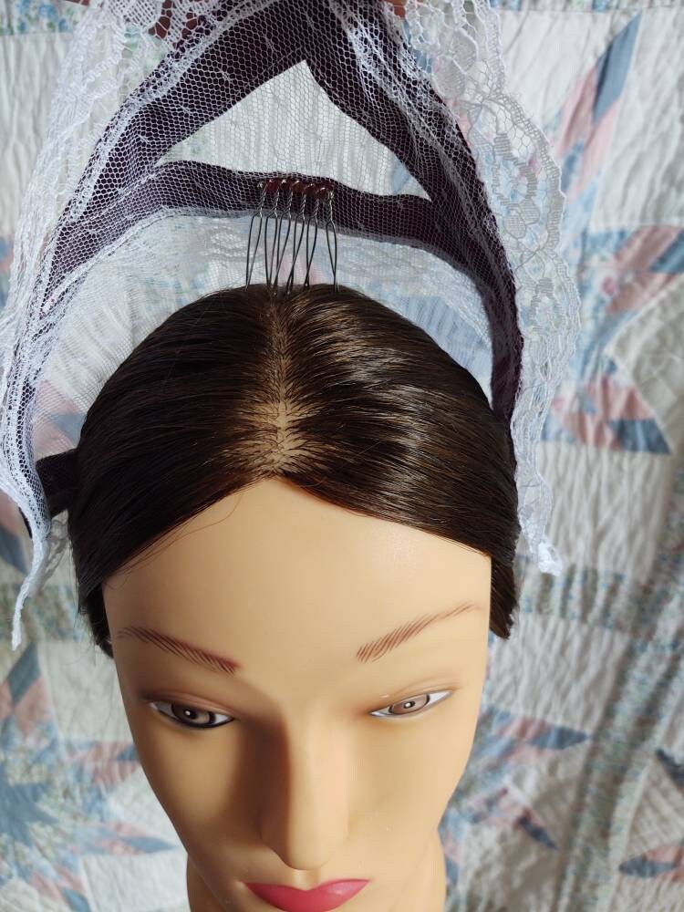 White Tulle Lace Day Cap - Daycap - Flat Cap - Historical Headcovering, Breakfast Cap, Civil War, Dickens, Headpiece