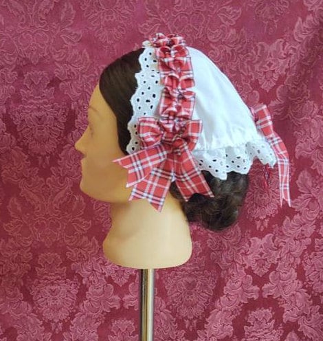 Plaid Ribbon Trimmed White Cotton Day Cap/ Morning Cap - colonial, regency, civil war, Victorian, Historical headwear,