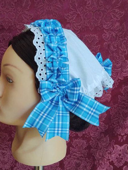 Plaid Ribbon Trimmed White Cotton Day Cap/ Morning Cap - colonial, regency, civil war, Victorian, Historical headwear,