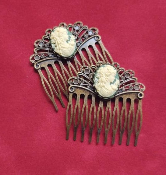 Pair of Green Cameo with Bronze Filigree Hair Combs, 19th Century Hair Accessory, Victorian, Prom, Evening, Prom, Bridal