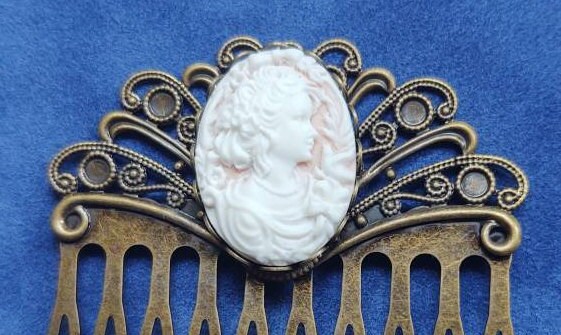 Pair of Pink Cameo on Bronze Filigree Hair Combs, 19th Century Hair Accessory, Victorian, Prom, Evening, Prom, Bridal