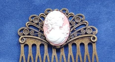 Pair of Pink Cameo on Bronze Filigree Hair Combs, 19th Century Hair Accessory, Victorian, Prom, Evening, Prom, Bridal