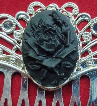 Pair of Black Rose Cameo on Silver Filigree Hair Combs, 19th Century Hair Accessory, Victorian, Prom, Evening, Prom, Bridal