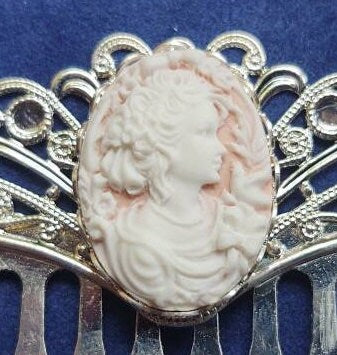 Pair of Pink Cameo on Silver Filigree Hair Combs, 19th Century Hair Accessory, Victorian, Prom, Evening, Prom, Bridal