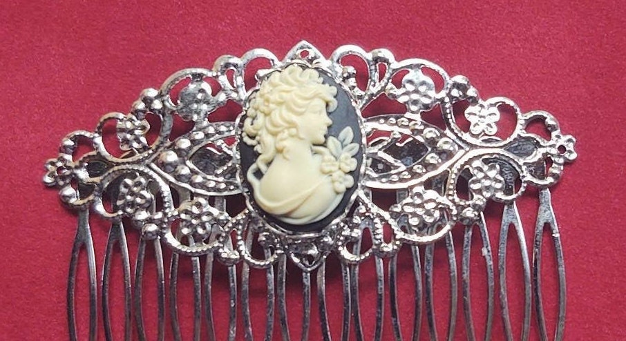 Black Cameo with Silver Filigree Hair Comb, 19th Century Hair Accessory, Victorian, Prom, Evening, Prom, Bridal