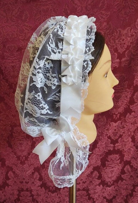 White Lacy Daycap with lappets and white folded ribbon coronet, Day Cap, Civil War, breakfast cap, wedding, 19th century victorian