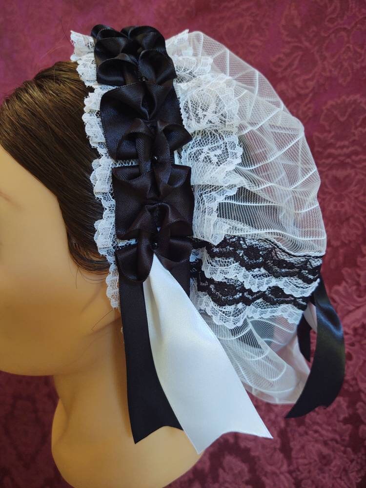 Black Ribboned White Lacy Daycap with black and white lace accented back - Day Cap, Civil War, 19th Century Victorian