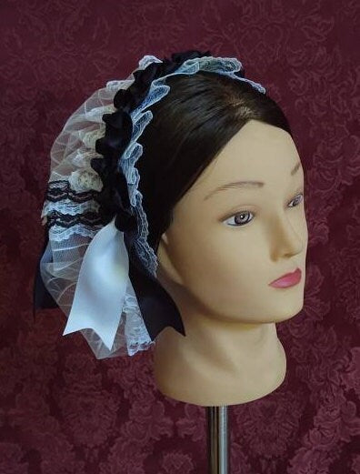 Black Ribboned White Lacy Daycap with black and white lace accented back - Day Cap, Civil War, 19th Century Victorian