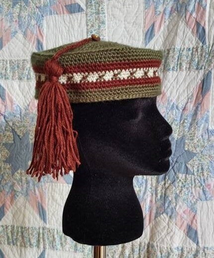 Men's Crocheted Smoking Cap in Green with Brown and Cream Hand-embroidered Accent - Camp Hat, Lounging cap, 19th Century Victorian