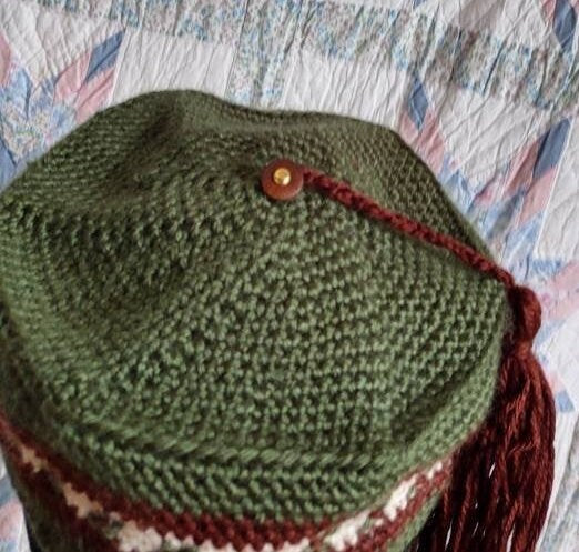 Men's Crocheted Smoking Cap in Green with Brown and Cream Hand-embroidered Accent - Camp Hat, Lounging cap, 19th Century Victorian