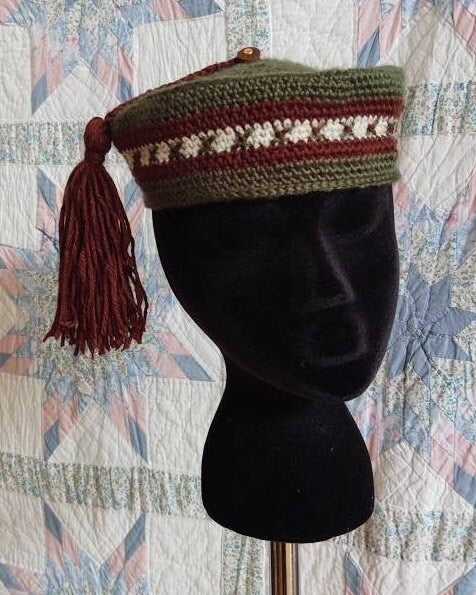 Men's Crocheted Smoking Cap in Green with Brown and Cream Hand-embroidered Accent - Camp Hat, Lounging cap, 19th Century Victorian