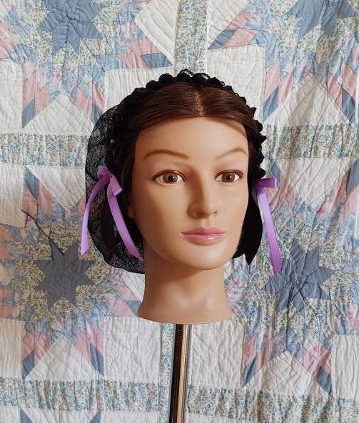 Black Ribbon Hairnet with choice of Purple Ribbon Coronets -Perfect for Second Mourning, Victorian, 19th Century, Civil War, Headcovering