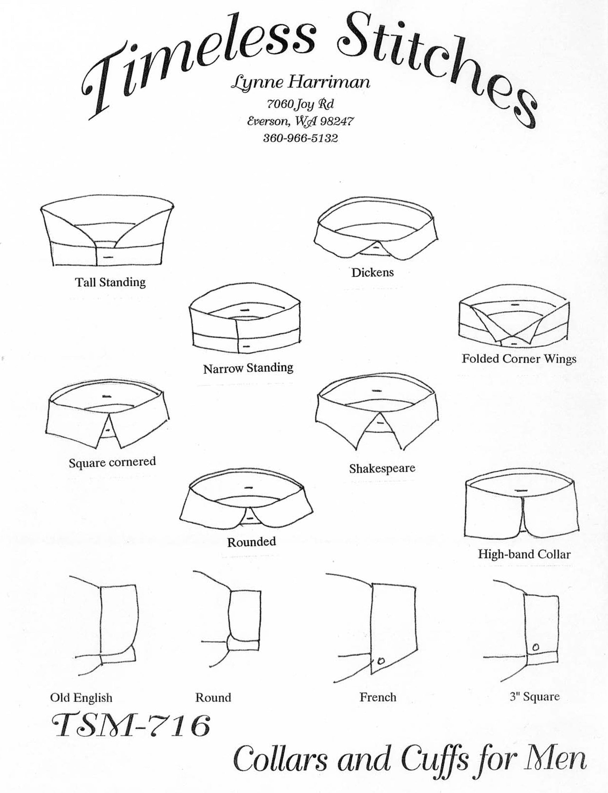 Collars and Cuffs for Men's Shirts/ 19th Century Civilian Collars and Cuffs Pattern Timeless Stitches Sewing Pattern TSM-716