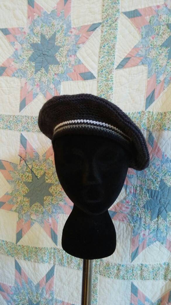 Men's Crocheted Tam - Smokey Grey, white and grey - Camp Hat - Tam O'Shanter, Irish and Scottish, Civil War, fatigue cap