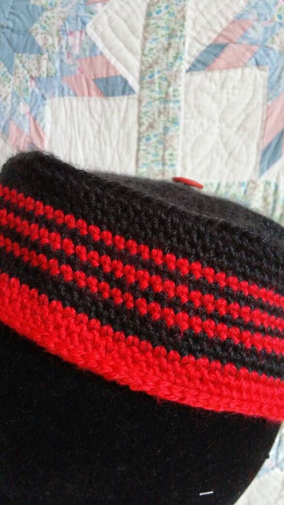 Men's Crocheted Smoking Cap in Black with Red Accent - Camp Hat
