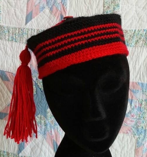 Men's Crocheted Smoking Cap in Black with Red Accent - Camp Hat