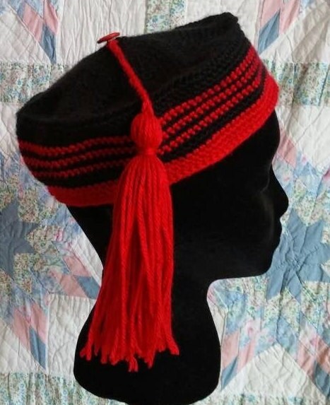 Men's Crocheted Smoking Cap in Black with Red Accent - Camp Hat