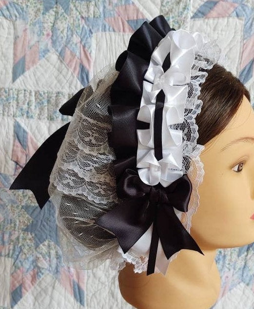 Black and White Ribboned White Lacy Daycap with lace accented back - Day Cap, Civil War, Historical Headwear