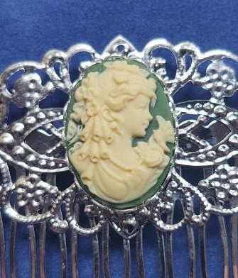 Green Cameo with Silver Filigree Hair Comb, 19th Century Hair Accessory, Victorian, Prom, Evening, Prom, Bridal