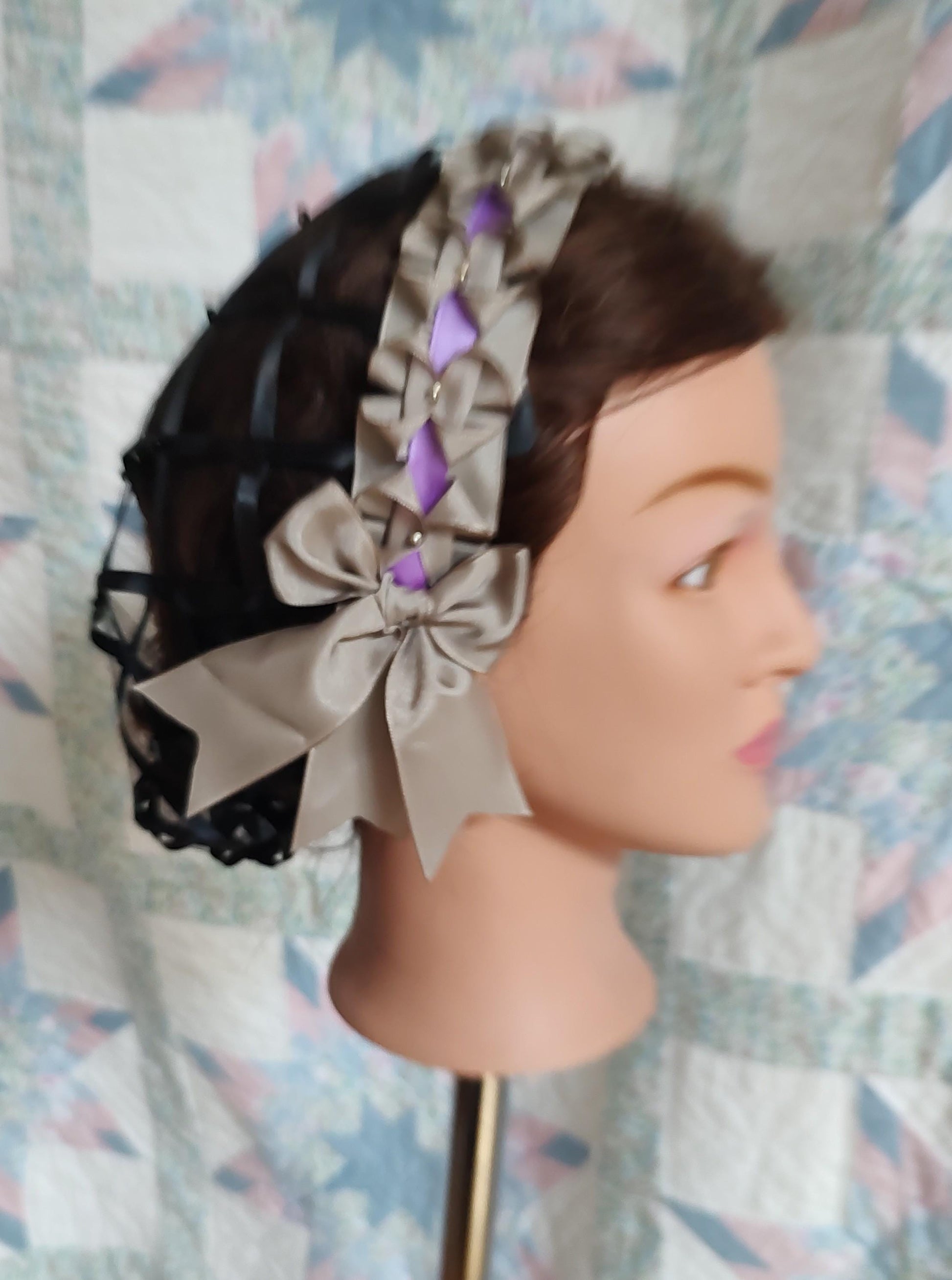Black Ribbon Hairnet for Second Mourning with steel trimmed with Purple Ribbon Coronet, Victorian, 19th Century, Civil War