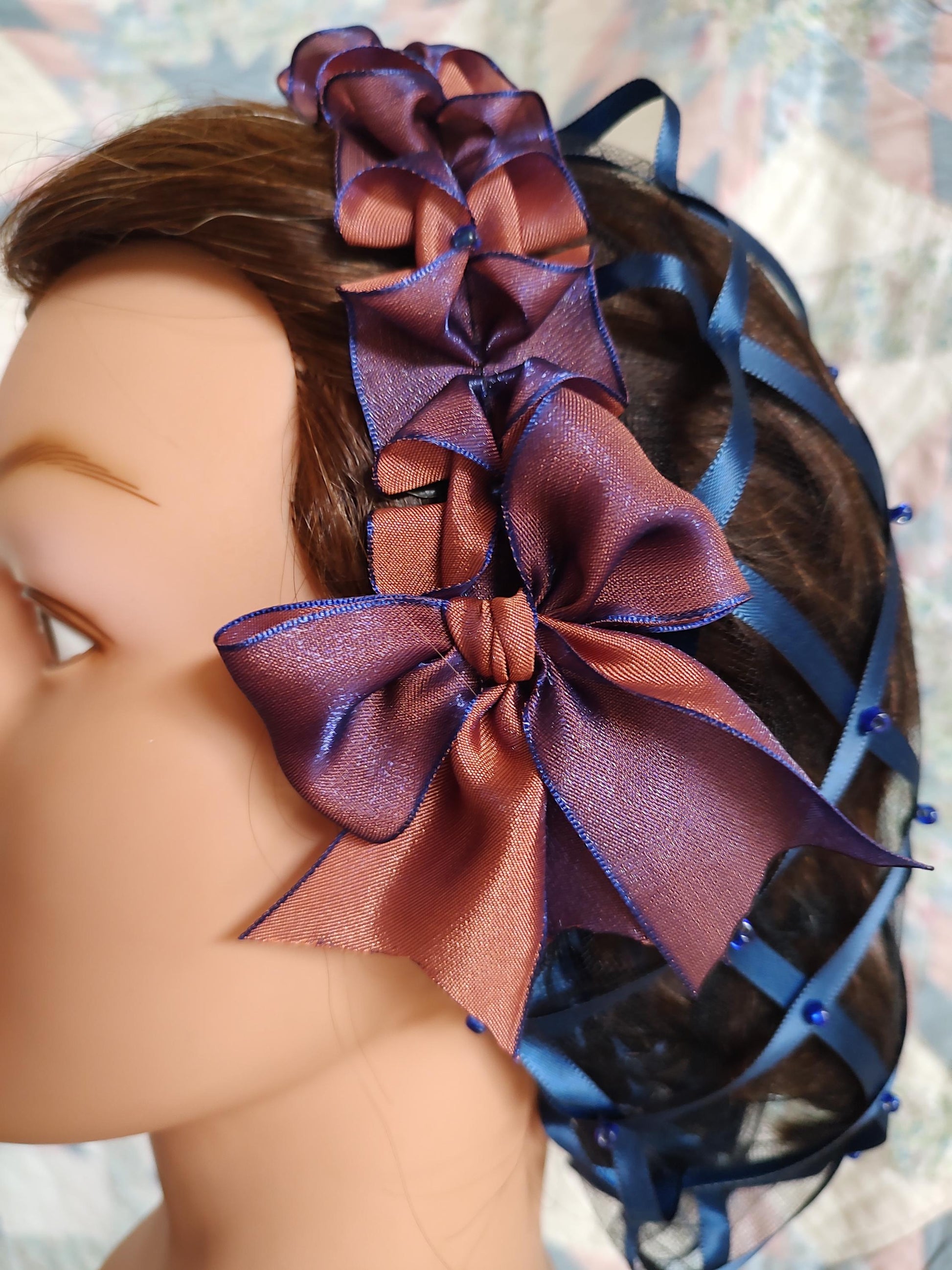 Navy Ribbon Hairnet with Changeable Navy and Copper Ribbon Coronet, Victorian Headdress, 19th Century, Civil War, Ball hair accessory